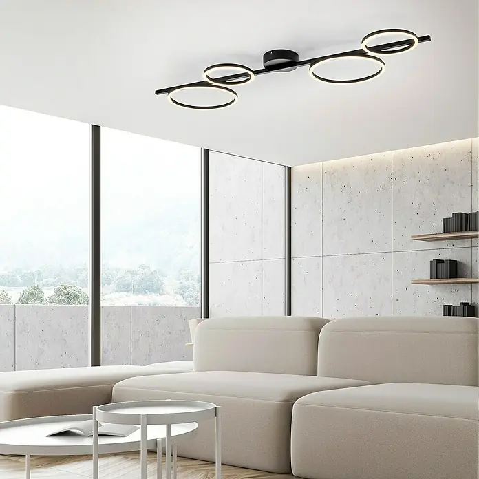 Just Light LED-Deckenleuchte Mini Ritus - 36 W, L x B x H: 120 x 42 x 7 cm, Schwarz, Warmweiß - Moderne Deckenleuchte mit schwarzer Stange und kreisförmigen LED-Elementen, die ein elegantes Lichtdesign im Raum erzeugt.
