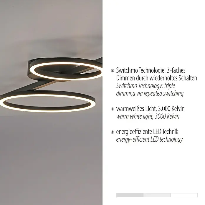 Just Light LED-Deckenleuchte Mini Ritus - 36 W, L x B x H: 120 x 42 x 7 cm, Schwarz, Warmweiß - Elegante LED-Deckenleuchte mit drei Ringen, die warmweißes Licht spendet und über wiederholtes Schalten dimmbar ist.