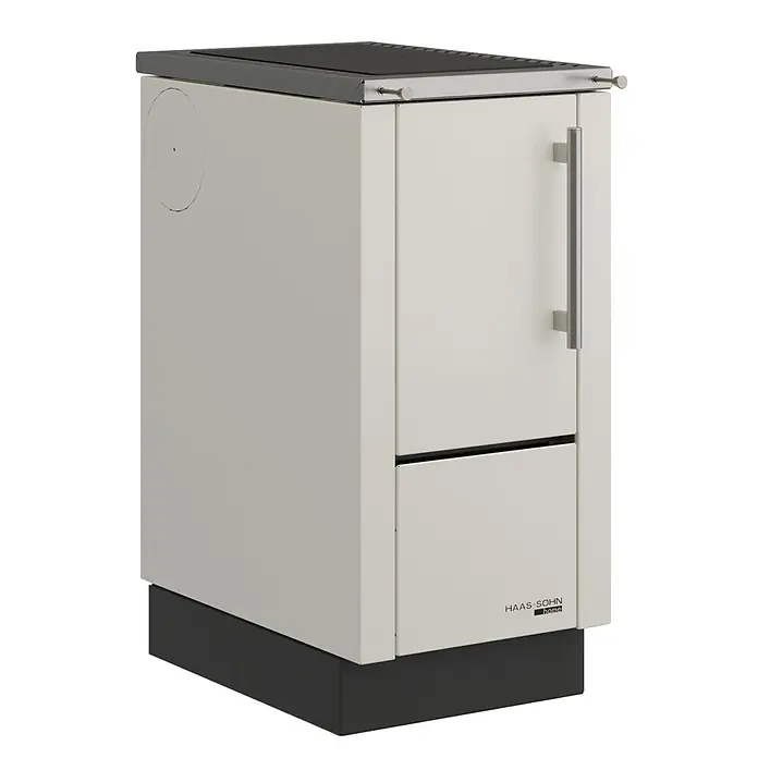 Haas+Sohn Küchenherd HS 40 - L x B x H: 60 x 40 x 85,2 cm, 5 kW, Weiß - Ein eleganter Holzofen mit weißer Verkleidung und modernem Griff, ideal für behagliche Wärme und stilvolles Ambiente.
