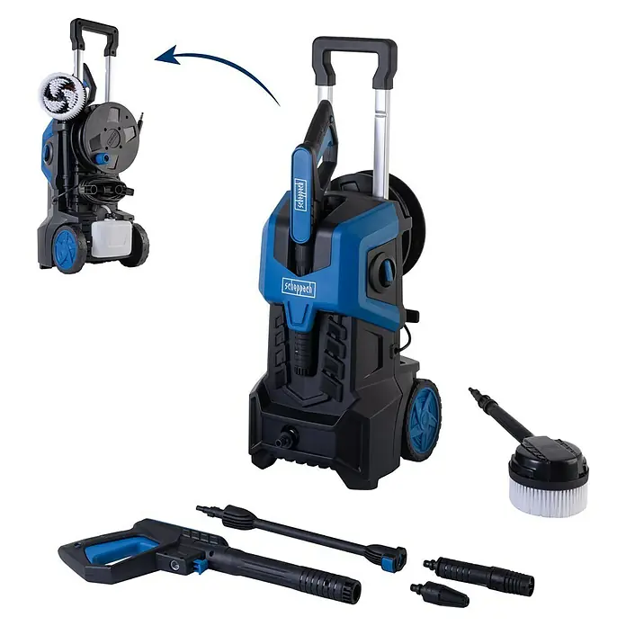 Scheppach Hidrolimpiadora de alta presión SHD180 - 180 bar, 2.400 W, Capacidad de bombeo: 480 l/h - Imagen de una hidrolimpiadora Scheppach con accesorios. El limpiador es negro y azul y tiene ruedas para facilitar el transporte.