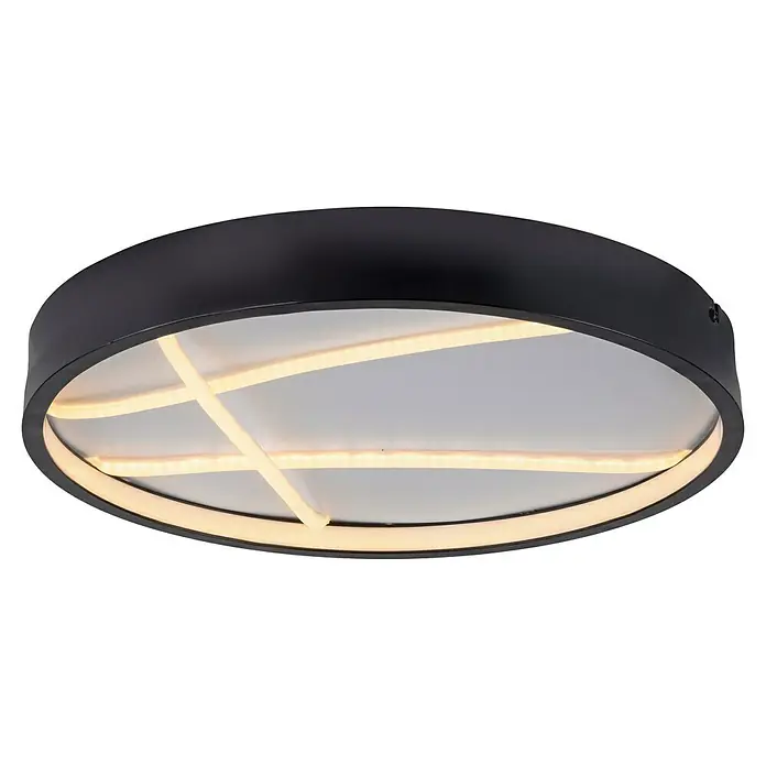 Just Light LED-Deckenleuchte rund Mikado - 33 W, Ø x H: 40 x 4,5 cm, Schwarz - Nahaufnahme einer modernen, runden Deckenleuchte mit schwarzem Rahmen und kreuzförmigen LED-Lichtbändern.