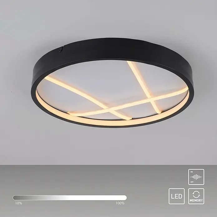 Just Light LED-Deckenleuchte rund Mikado - 33 W, Ø x H: 40 x 4,5 cm, Schwarz - Moderne LED-Deckenleuchte in Schwarz mit weißem Diffusor und gekreuzten Lichtlinien für eine stilvolle Beleuchtung.
