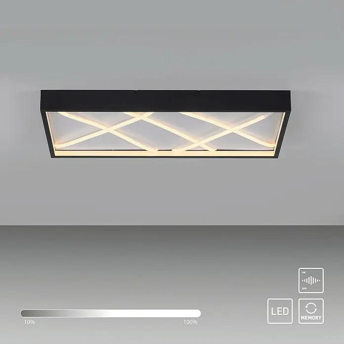 Just Light LED-Deckenleuchte Mikado - 36 W, L x B x H: 120 x 42 x 7 cm, Schwarz, Warmweiß - Eine moderne Deckenleuchte mit einem schwarzen Rahmen und einem Kreuzmuster, die ein helles, indirektes Licht erzeugt. Perfekt für stilvolle Innenräume.