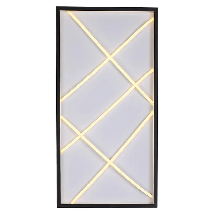 Just Light LED-Deckenleuchte Mikado - 36 W, L x B x H: 120 x 42 x 7 cm, Schwarz, Warmweiß - Elegante Wandleuchte mit modernem Design, bestehend aus einem schwarzen Rahmen und einem weißen Hintergrund mit überkreuzten, beleuchteten Linien.