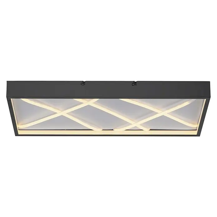 Just Light LED-Deckenleuchte Mikado - 36 W, L x B x H: 120 x 42 x 7 cm, Schwarz, Warmweiß - Eine rechteckige Deckenleuchte mit einem schwarzen Rahmen und einem dekorativen, kreuzförmigen, hellen Einsatz, der ein warmes Licht ausstrahlt.