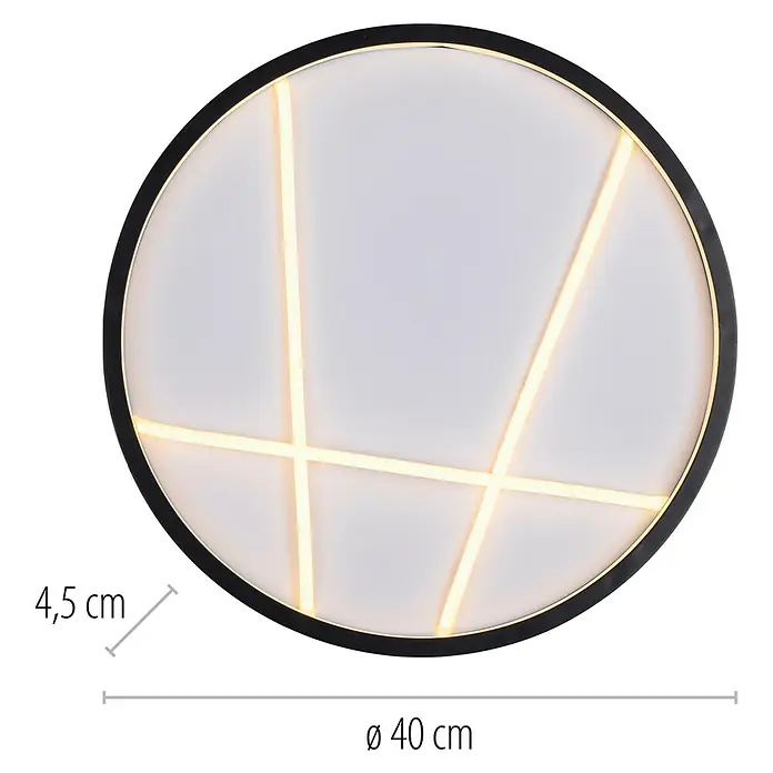 Just Light LED-Deckenleuchte rund Mikado - 33 W, Ø x H: 40 x 4,5 cm, Schwarz - Deckenleuchte mit schwarzem Rahmen und geometrischem Lichtdesign, Durchmesser 40 cm.