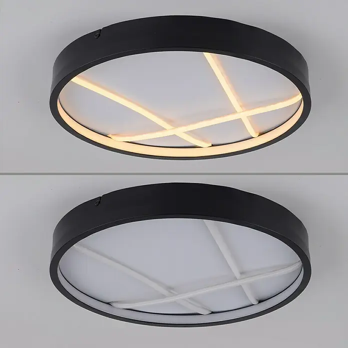 Just Light LED-Deckenleuchte rund Mikado - 33 W, Ø x H: 40 x 4,5 cm, Schwarz - Moderne Deckenleuchte mit schwarzem Rahmen und geometrischem Design, einmal mit Licht und einmal ohne.