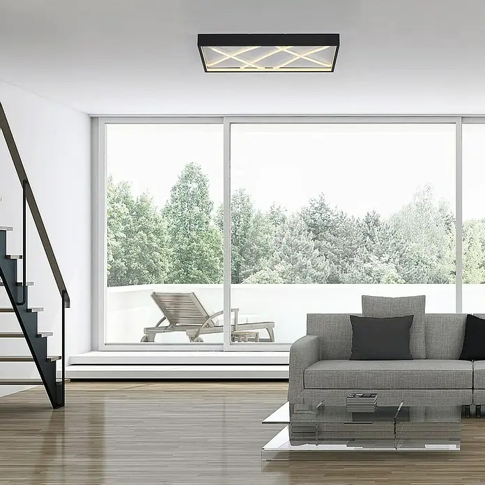 Just Light LED-Deckenleuchte Mikado - 36 W, L x B x H: 120 x 42 x 7 cm, Schwarz, Warmweiß - Moderne Wohnraumaufnahme mit einer stilvollen Deckenleuchte. Das Design der Leuchte prägt den Raum und sorgt für angenehmes Licht.