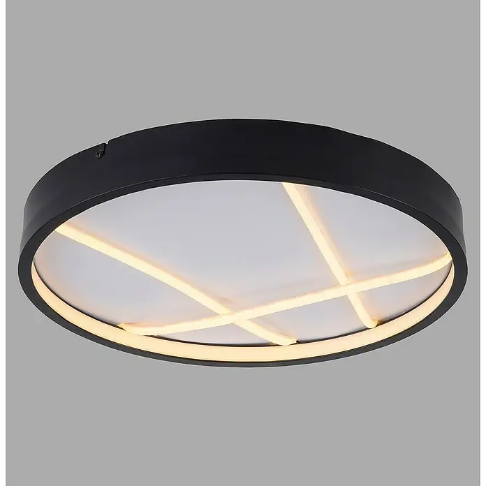 Just Light LED-Deckenleuchte rund Mikado - 33 W, Ø x H: 40 x 4,5 cm, Schwarz - Moderne Deckenleuchte in Schwarz mit einem geometrischen Muster aus warmweißen Lichtstreifen, ideal für stilvolle Innenräume.
