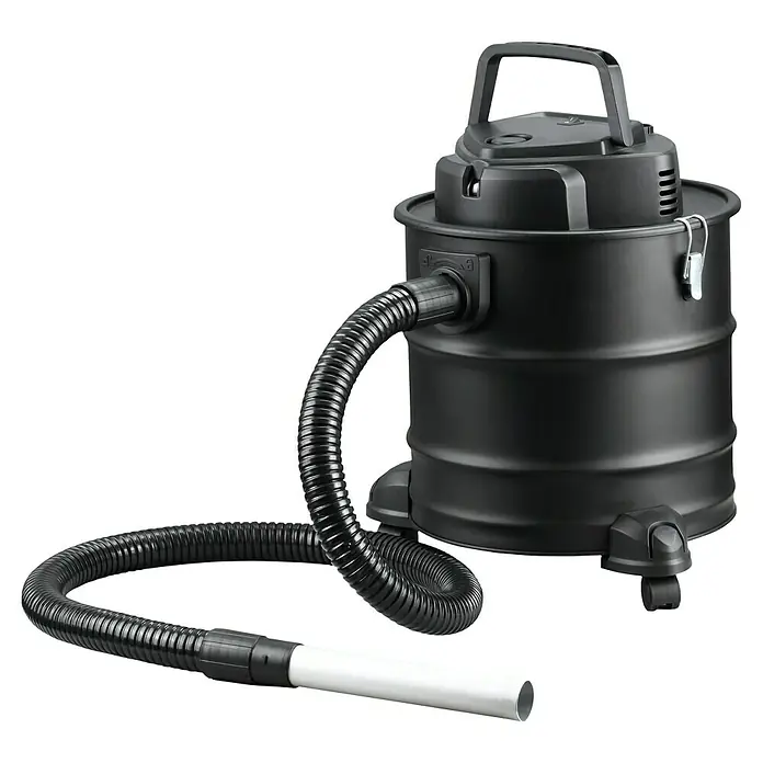 Firefix Aschesauger Premium - L x B x H: 320 x 330 x 370 mm, Schwarz - Ein schwarzer Nass-Trocken-Sauger mit Schlauch und Griff für Reinigungsarbeiten.