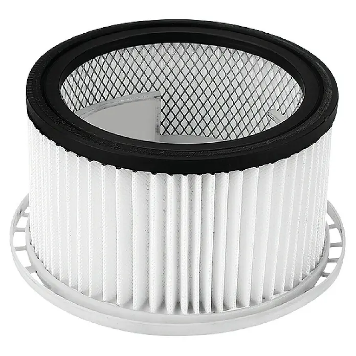 Firefix Aschesauger Premium - L x B x H: 320 x 330 x 370 mm, Schwarz - Ein runder Patronenfilter mit Falten, umgeben von schwarzen und weißen Rahmen. Ideal für Staubsauger, sorgt er für saubere Luft.