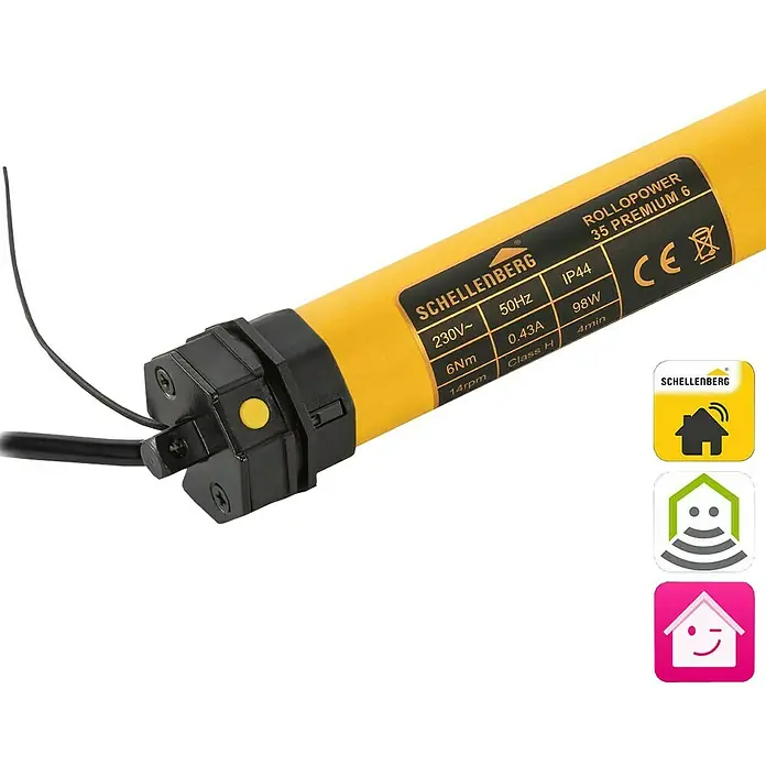 Schellenberg Funk-Rohrmotor Premium 6 MiniMax. Rollladenfläche: 4 m² bei Kunststoffrollläden, Einbaulänge: 570 mm, Zugkraft: 15 kg - Nahaufnahme eines Schellenberg RolloPower 35 Premium 6 Rolladenmotors, der für Smart-Home-Systeme geeignet ist.