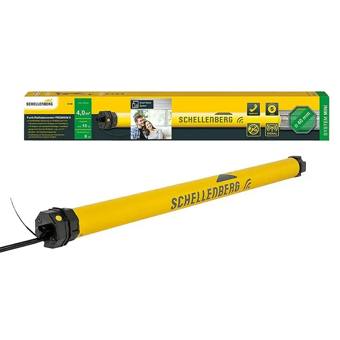 Schellenberg Funk-Rohrmotor Premium 6 MiniMax. Rollladenfläche: 4 m² bei Kunststoffrollläden, Einbaulänge: 570 mm, Zugkraft: 15 kg - Produktbild eines Schellenberg Funk-Rolladenmotors PREMIUM 6, ideal für komfortable Rollladensteuerung per Funk. Geeignet für Smart Home Systeme.