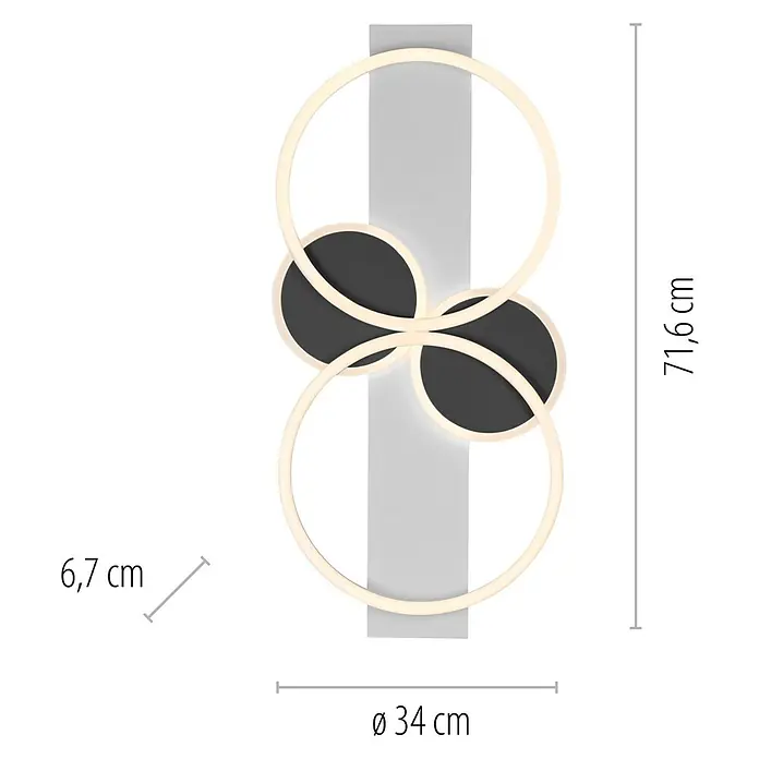Just Light LED-Deckenleuchte Trooper - 25 W, Schwarz, Warmweiß - Eine moderne Wandleuchte mit Kreisen und floralen Elementen, Maße: 71,6 cm Höhe, 34 cm Durchmesser, 6,7 cm Tiefe.