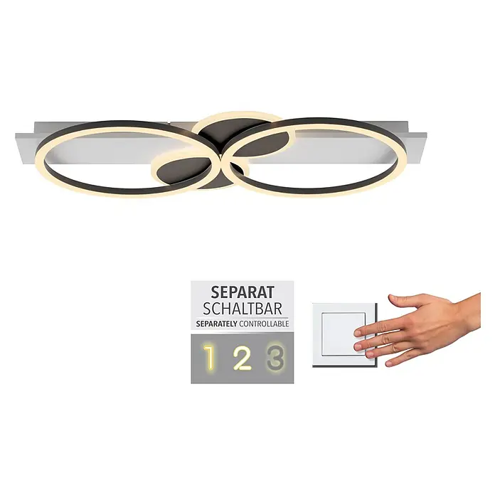 Just Light LED-Deckenleuchte Trooper - 25 W, Schwarz, Warmweiß - Moderne LED-Deckenleuchte mit drei Ringen und separater Schaltfunktion, ideal für stilvolle Beleuchtung in jedem Raum.