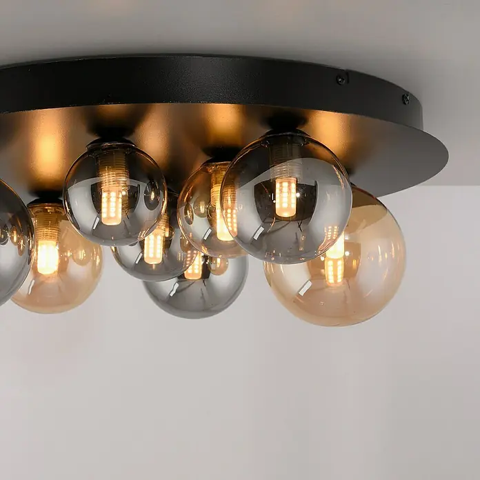 Paul Neuhaus Popsicle Deckenleuchte - 9 W, L x B x H: 48 x 48 x 15 cm, Schwarz, G9 - Deckenleuchte mit mehreren Glaskugeln in Grau- und Bernsteintönen, montiert auf einer schwarzen, runden Basis.