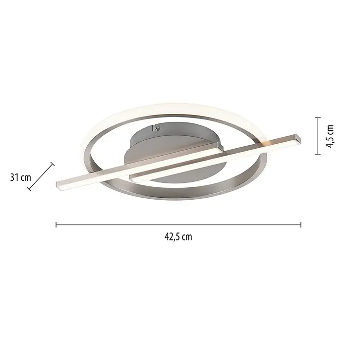 Just Light LED-Deckenleuchte rund Korsa - 12,5 W, Silebr, Warmweiß - Bild einer LED-Deckenleuchte in Silber mit kreisförmigem Design und zwei geraden LED-Leuchten, die sich kreuzen, mit Maßangaben.