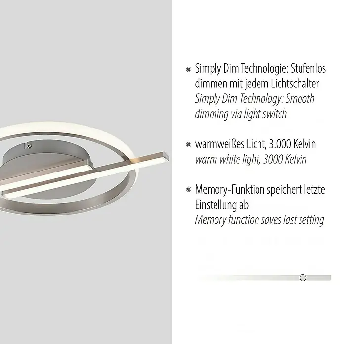 Just Light LED-Deckenleuchte rund Korsa - 12,5 W, Silebr, Warmweiß - LED-Deckenleuchte mit Dimmfunktion und Memory-Funktion für individuelle Lichteinstellungen und Komfort.