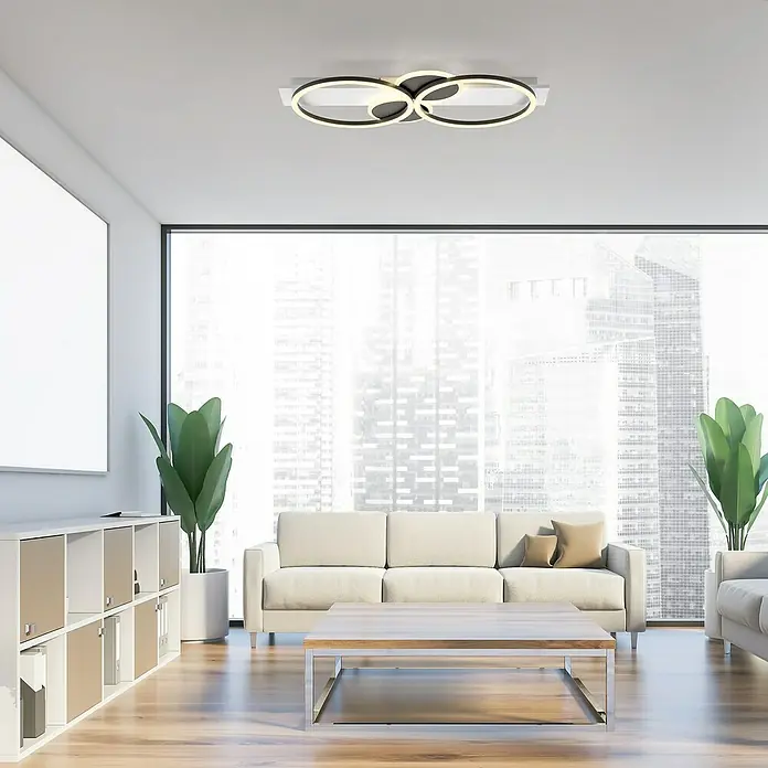 Just Light LED-Deckenleuchte Trooper - 25 W, Schwarz, Warmweiß - Moderne Deckenleuchte mit drei ineinander verschlungenen Ringen, die ein warmes, helles Licht spenden und das moderne Wohnzimmerdesign ergänzen.
