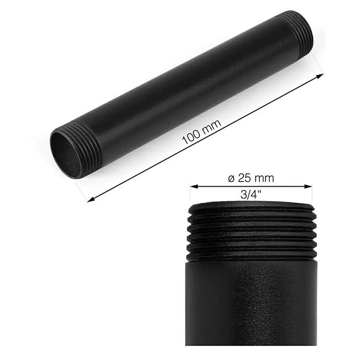 Walteco Rusticline Rohr Tube - Länge: 100 mm, Stahl, Schwarz - Abbildung eines schwarzen 100 mm langen Rohrs mit einem Durchmesser von 25 mm und einem 3/4-Zoll-Gewinde an beiden Enden.