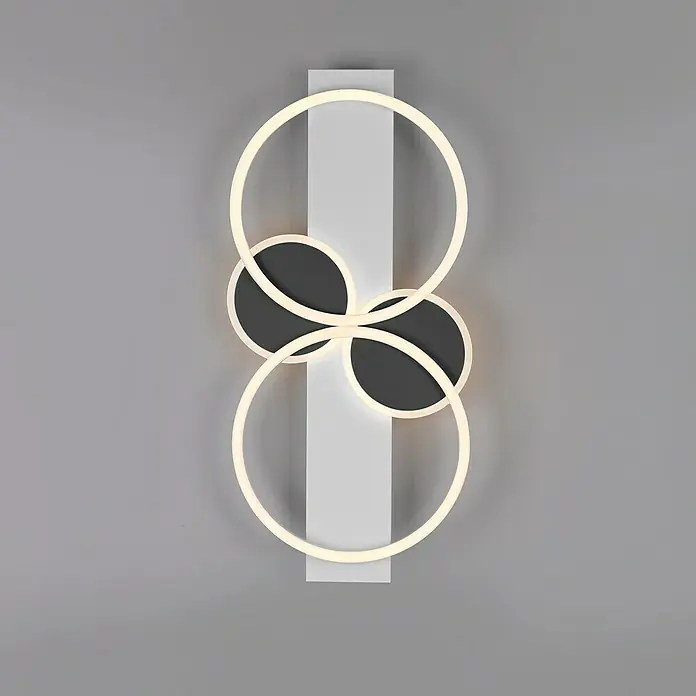 Just Light LED-Deckenleuchte Trooper - 25 W, Schwarz, Warmweiß - Moderne Wandleuchte mit einem schlanken weißen Rahmen und überlappenden Kreisen mit subtiler Beleuchtung für eine stilvolle Atmosphäre.