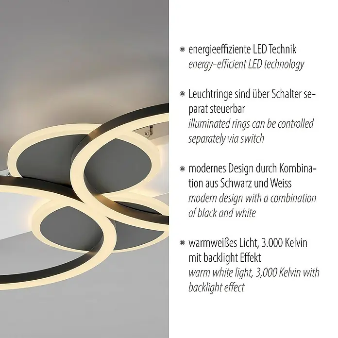 Just Light LED-Deckenleuchte Trooper - 25 W, Schwarz, Warmweiß - Modernes LED-Deckenleuchte mit ringförmigem Design und warmweißem Licht für energieeffiziente Beleuchtung.