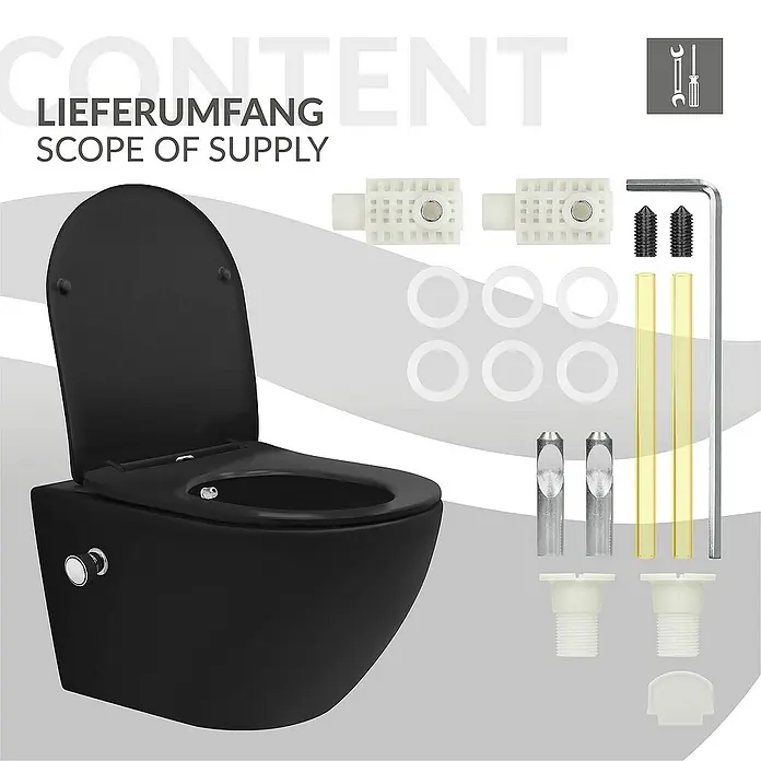 LuxeBath Wand-WC lang 54cm Schwarz Bidet-Funktion Tornadospülung Softclose - Schwarz - Schwarzes Wand-WC-Set mit Montagezubehör, inklusive Befestigungen, Dichtungen und Werkzeug für die Installation.