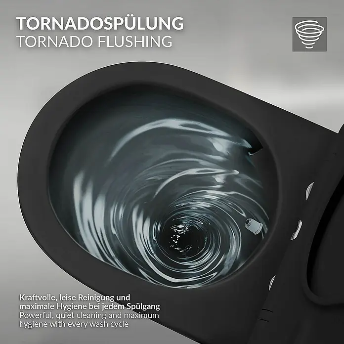 LuxeBath Wand-WC lang 54cm Schwarz Bidet-Funktion Tornadospülung Softclose - Schwarz - Nahaufnahme einer schwarzen Toilette mit Tornado-Spülung.