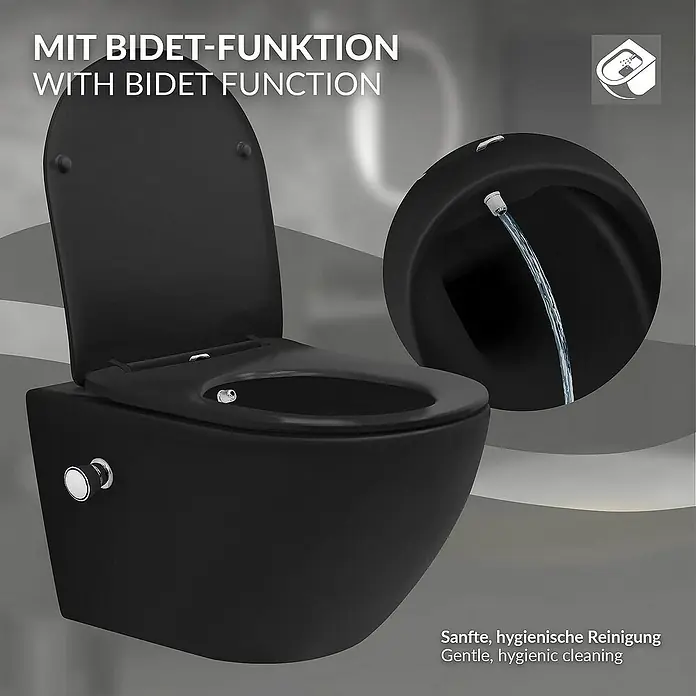 LuxeBath Wand-WC lang 54cm Schwarz Bidet-Funktion Tornadospülung Softclose - Schwarz - Schwarze Toilette mit Bidetfunktion für eine sanfte und hygienische Reinigung.