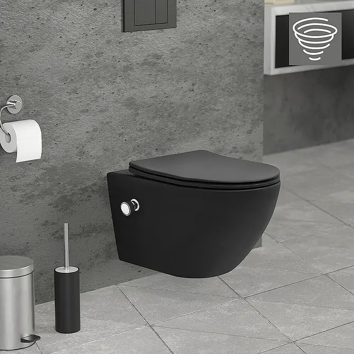 LuxeBath Wand-WC lang 54cm Schwarz Bidet-Funktion Tornadospülung Softclose - Schwarz - Elegantes, wandhängendes, schwarzes WC mit passendem Toilettenbürstenhalter und Papierrollenhalter für ein modernes Badezimmerdesign.
