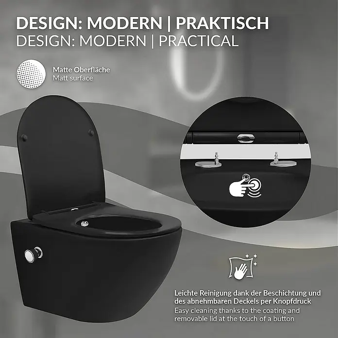 LuxeBath Wand-WC lang 54cm Schwarz Bidet-Funktion Tornadospülung Softclose - Schwarz - Das Bild zeigt eine moderne, mattschwarze Wandtoilette mit abnehmbarem Deckel für einfache Reinigung.