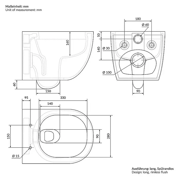 LuxeBath Wand-WC Weiß mit Nano Beschichtung lang Tiefspüler Lotus Effekt - Weiß - Technische Zeichnung einer wandhängenden Toilette mit Bemaßungen und Details zu Abmessungen und Design.