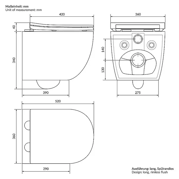 LuxeBath Wand-WC Weiß mit Nano Beschichtung lang Tiefspüler Lotus Effekt - Weiß - Technische Zeichnung einer wandhängenden Toilette mit Bemaßung in Millimetern, Design: lang, spülrandlos.