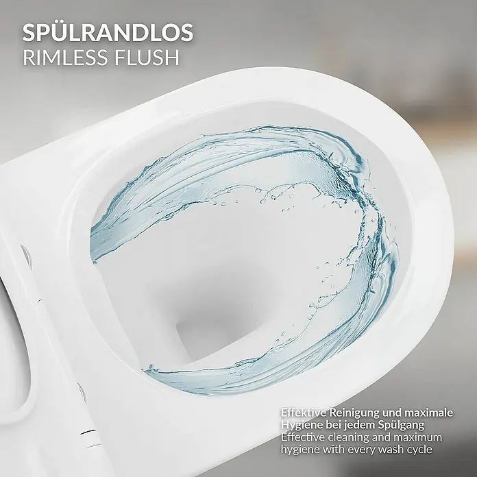 LuxeBath Wand-WC kurz 49cm Weiß Nano Beschichtung Lotus Effekt - Weiß - Nahaufnahme einer spülrandlosen Toilette mit kraftvoller Spülung für maximale Hygiene.