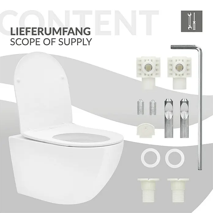 LuxeBath Wand-WC Weiß mit Nano Beschichtung lang Tiefspüler Lotus Effekt - Weiß - Bild einer wandhängenden Toilette mit Zubehör. Das Set beinhaltet alle notwendigen Teile für die Installation.
