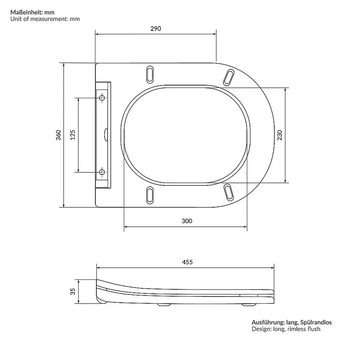 LuxeBath Wand-WC Weiß mit Nano Beschichtung lang Tiefspüler Lotus Effekt - Weiß - Technische Zeichnung eines Toilettensitzes mit Bemaßung in Millimetern, Ausführung lang und spülrandlos.
