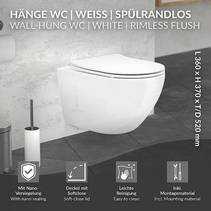 LuxeBath Wand-WC Weiß mit Nano Beschichtung lang Tiefspüler Lotus Effekt - Weiß - Ein spülrandloses, wandhängendes WC in Weiß mit Nano-Versiegelung, Soft-Close-Deckel, leichter Reinigung und inklusivem Montagematerial.