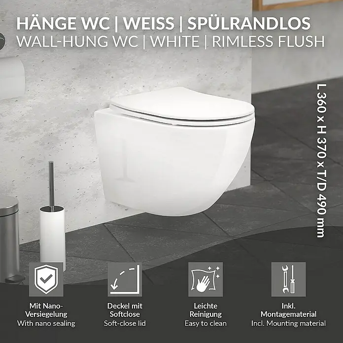 LuxeBath Wand-WC kurz 49cm Weiß Nano Beschichtung Lotus Effekt - Weiß - Abbildung einer weißen, wandhängenden Toilette mit spülrandlosem Design, inklusive Montagezubehör und Nano-Versiegelung.