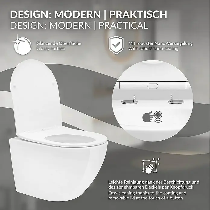 LuxeBath Wand-WC kurz 49cm Weiß Nano Beschichtung Lotus Effekt - Weiß - Elegantes, wandhängendes WC mit glänzender Oberfläche, Nano-Versiegelung und abnehmbarem Deckel für einfache Reinigung.