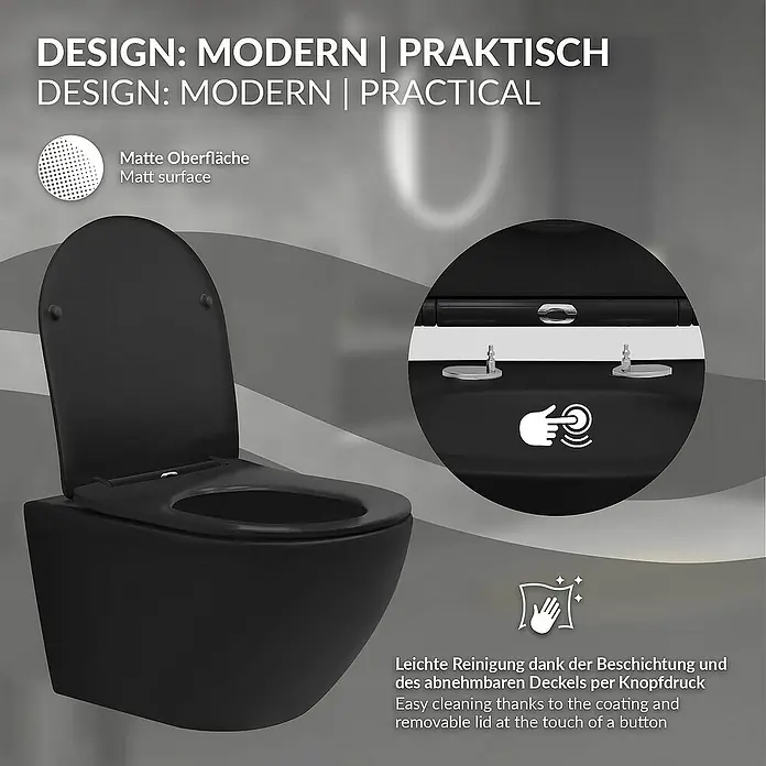LuxeBath Wand-WC lang 54cm Schwarz ohne Spülrand Tornadospülung Softclose - Schwarz - Wand-WC in modernem Design und praktischer Bauweise mit matter Oberfläche und einfacher Reinigung des abnehmbaren Deckels.
