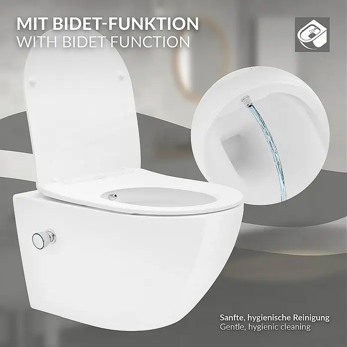 LuxeBath Wand-WC Weiß mit Nano Beschichtung lang Bidet Funktion Lotus Effekt - Spülrandlos, Mit antibakterieller Glasur, Spülform: Tief, WC Abgang: Waagerecht, Weiß - Abbildung einer modernen Toilette mit Bidet-Funktion, die eine sanfte und hygienische Reinigung ermöglicht.