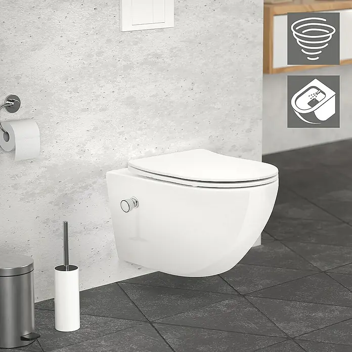 LuxeBath Wand-WC lang 54cm Weiß Bidet-Funktion Tornadospülung Softclose - Weiß - Wandhängendes WC mit Spültaste und Toilettenbürste. Modernes Bad-Design mit elegantem, weißen Keramik-WC und praktischem Zubehör.