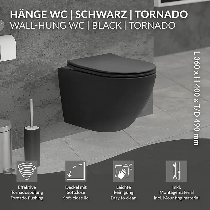 LuxeBath Wand-WC kurz 49cm Schwarz ohne Spülrand Tornadospülung Softclose - Schwarz - Abbildung einer schwarzen, wandhängenden Tornado-Toilette mit den Maßen L 360 x H 400 x T/T 490 mm.
