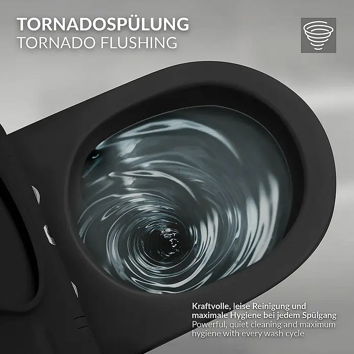 LuxeBath Wand-WC kurz 49cm Schwarz ohne Spülrand Tornadospülung Softclose - Schwarz - Nahaufnahme einer schwarzen Toilette mit Tornado-Spülung für kraftvolle und leise Reinigung.