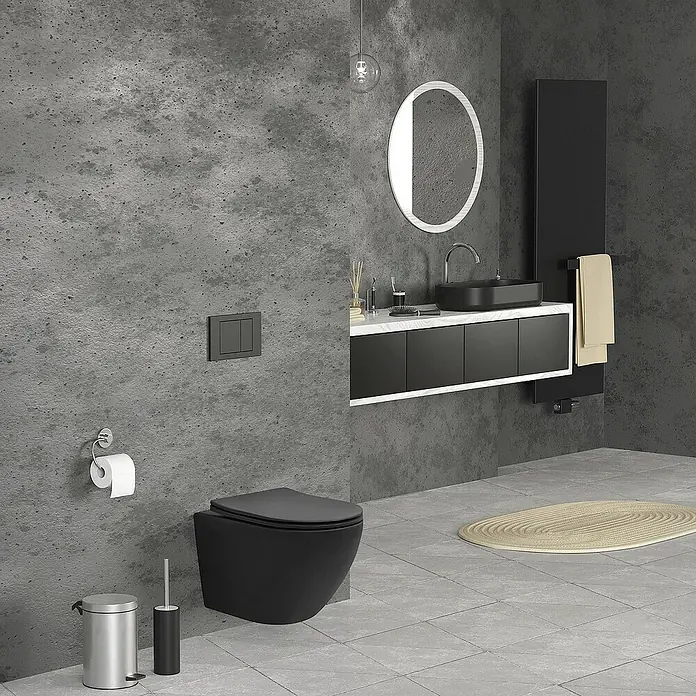 LuxeBath Wand-WC kurz 49cm Schwarz ohne Spülrand Tornadospülung Softclose - Schwarz - Modernes Badezimmer mit einer schwarzen Toilette und einem stilvollen Waschtisch mit ovalem Spiegel. Das Design ist minimalistisch und elegant.