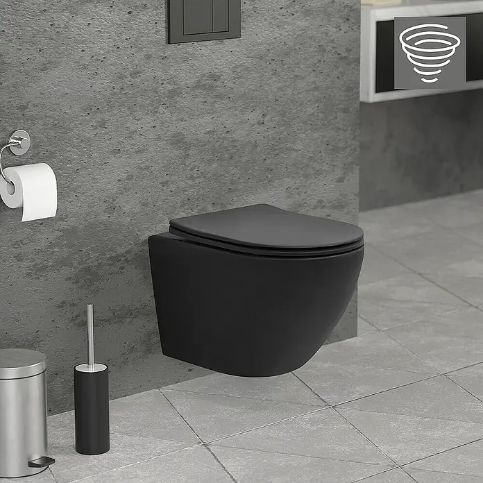 LuxeBath Wand-WC kurz 49cm Schwarz ohne Spülrand Tornadospülung Softclose - Schwarz - Schwarze, wandhängende Toilette mit Spülknopf und Toilettenbürste.