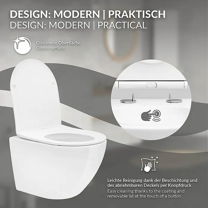 LuxeBath Wand-WC - Spülrandlos, Spülform: Tief, WC Abgang: Waagerecht, Weiß - Wandhängendes WC mit glänzender Oberfläche und abnehmbarem Deckel für einfache Reinigung auf Knopfdruck.
