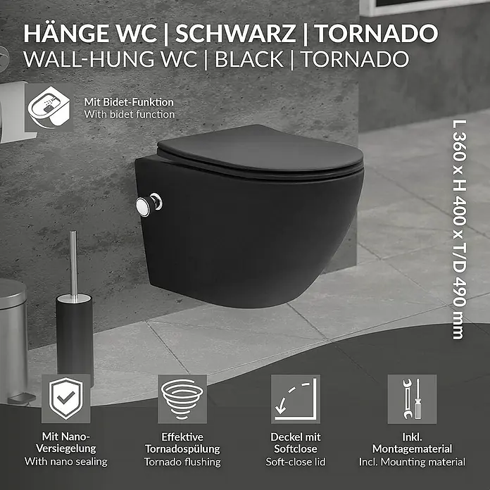 LuxeBath Wand-WC kurz Schwarz mit Bidet-Funktion & Nano Beschichtung - Schwarz - Schwarze Hänge-WC mit Bidet-Funktion und Tornado-Spülung. Inklusive Nano-Versiegelung, Softclose-Deckel und Montagematerial.