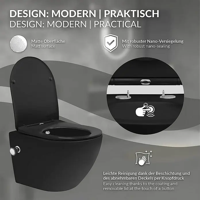LuxeBath Wand-WC kurz Schwarz mit Bidet-Funktion & Nano Beschichtung - Schwarz - Schwarze, moderne Hänge-Toilette mit matter Oberfläche, Nano-Versiegelung und einfacher Reinigung.