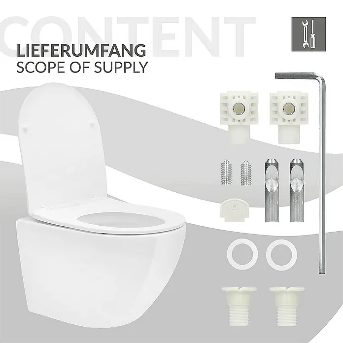 LuxeBath Wand-WC - Spülrandlos, Spülform: Tief, WC Abgang: Waagerecht, Weiß - Das Bild zeigt eine hängende Toilette mit dem dazugehörigen Montagematerial und Werkzeug für die Installation.